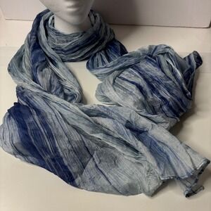 LUA Hand-dyed Pleated Silk Oblong Scarf Blue Ocean Waves Art to Wear Crinkle